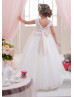 Cap Sleeves Tulle Pearl Beaded Flower Girl Dress